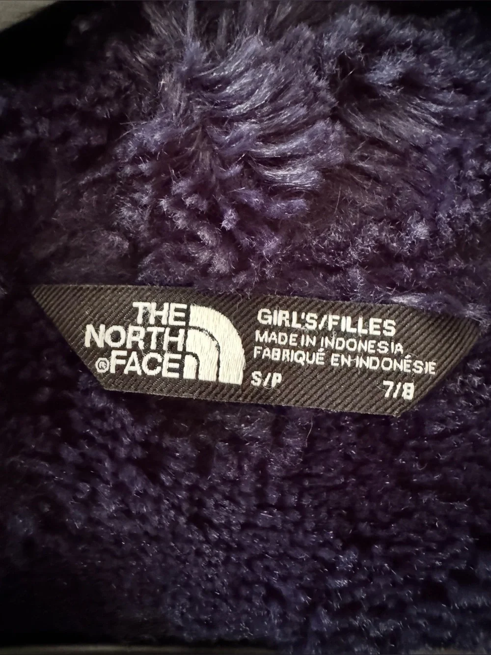 Girls North Face Navy Blue Quilted Hooded Parka Jacket Soft Plush Fleece, 7/8